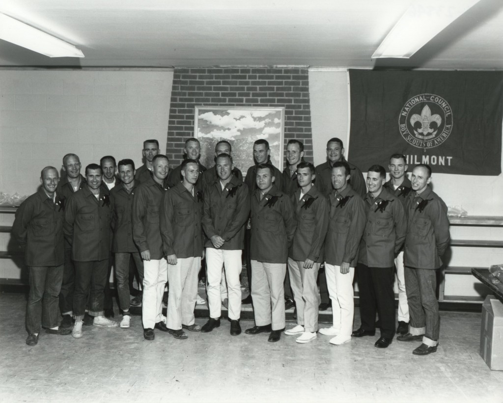  twenty astronauts at Philmont Scout Ranch during the 3-6 June 1964 field trip. From left to right, they are: Pete Conrad, Buzz Aldrin, Dick Gordon, Ted Freeman, Charlie Bassett, Walt Cunningham, Neil Armstrong, Donn Eisele, Rusty Schweikhart, Jim Lovell, Mike Collins, Elliot See, Gene Cernan (behind See), Ed White, Roger Chaffee, Gordon Cooper, C.C. Williams (behind Cooper), Bill Anders, Dave Scott, Al Bean.